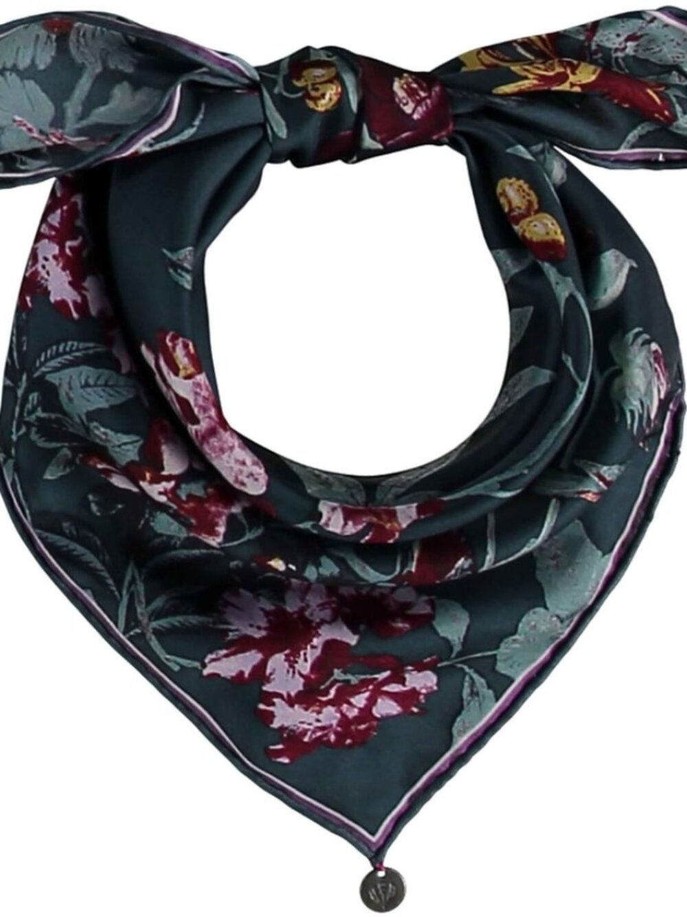 FRAAS 100% Silk Square Neck Scarf Floral Teal Pink Yellow Hand Rolled